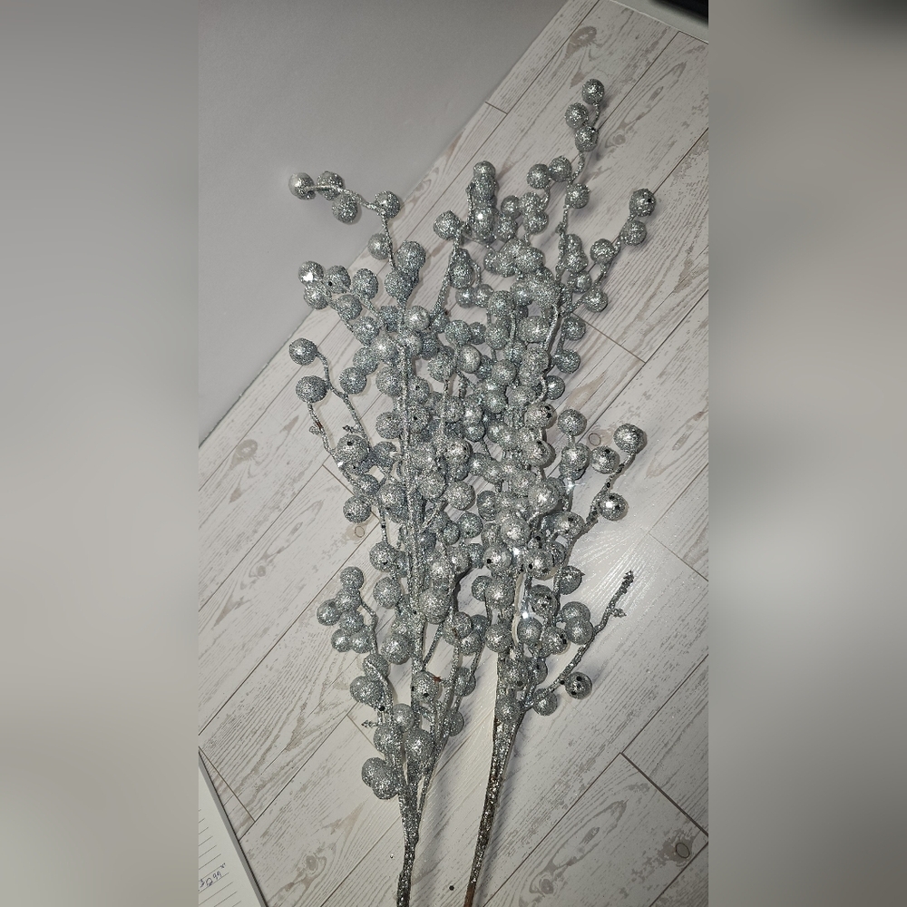 Silver Glitter Berry Branch Stems